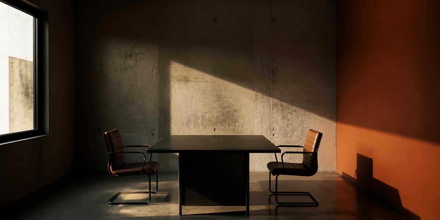 An empty interview room with two chairs facing across a table in hard morning light
